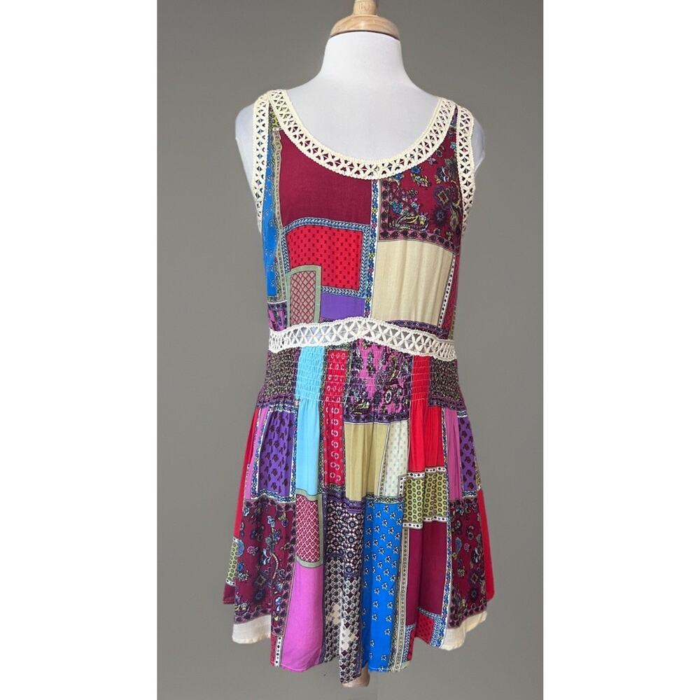 ENTRO Womens M Hippie Boho Patchwork Babydoll Dress Sleeveless Smocked Tunic